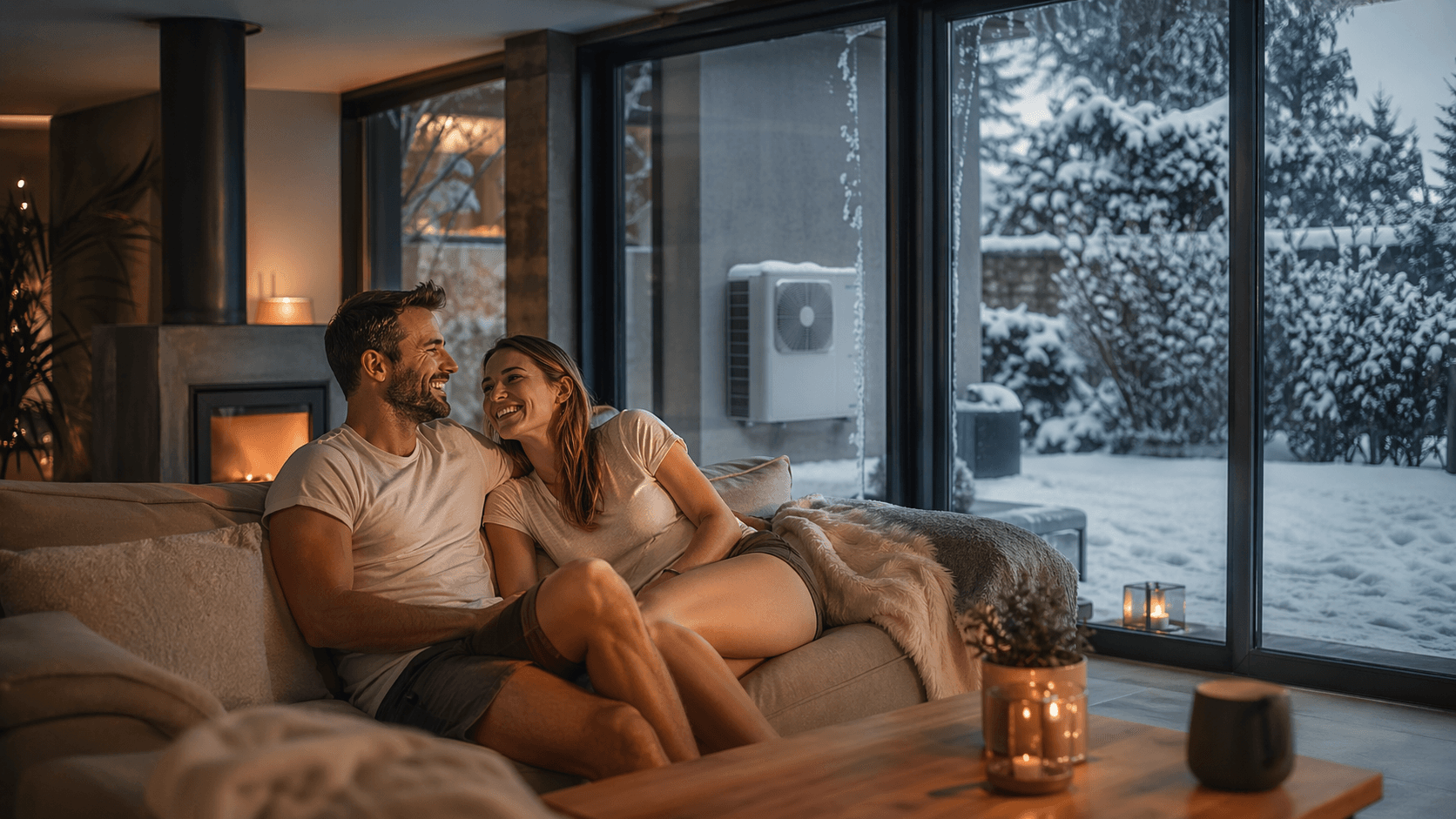 Couple au chaud dans leur maison avec pompe à chaleur hybride, jardin enneigé